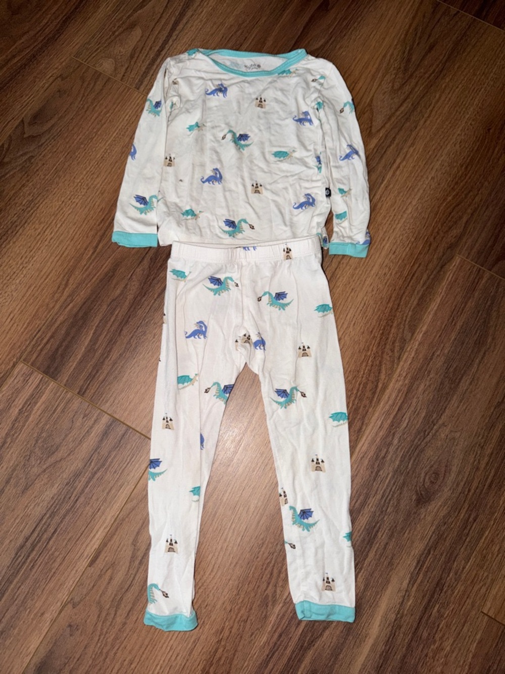 Kyte BABY White Dragon Print Pajama Set with Aqua Trim